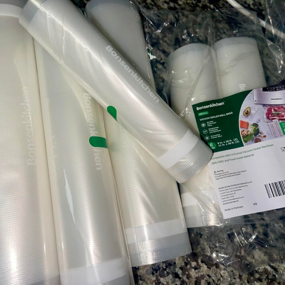 Bonsenkitchen Vacuum Sealer Rolls Bags, 6 Pack 3 Rolls 11"x20' + 3 Rolls 8"x20"